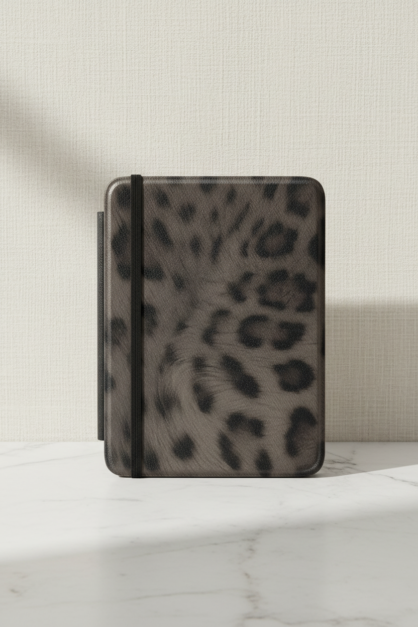 Leopard print case on a marble surface with a neutral background